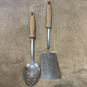 Vintage EKCO Kitchen 2pc set Slotted Spoon Slotted Spatula Stainless USA MCM